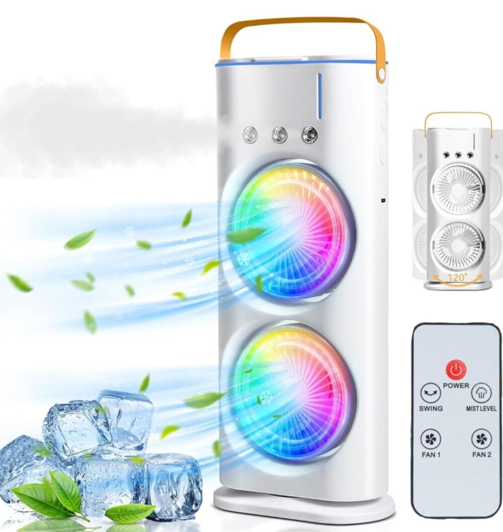Portable Dual-Fan Air Cooler with LED Lights, Humidifier & Remote Control – 120° Oscillating Mini Air Conditioner - Image 7