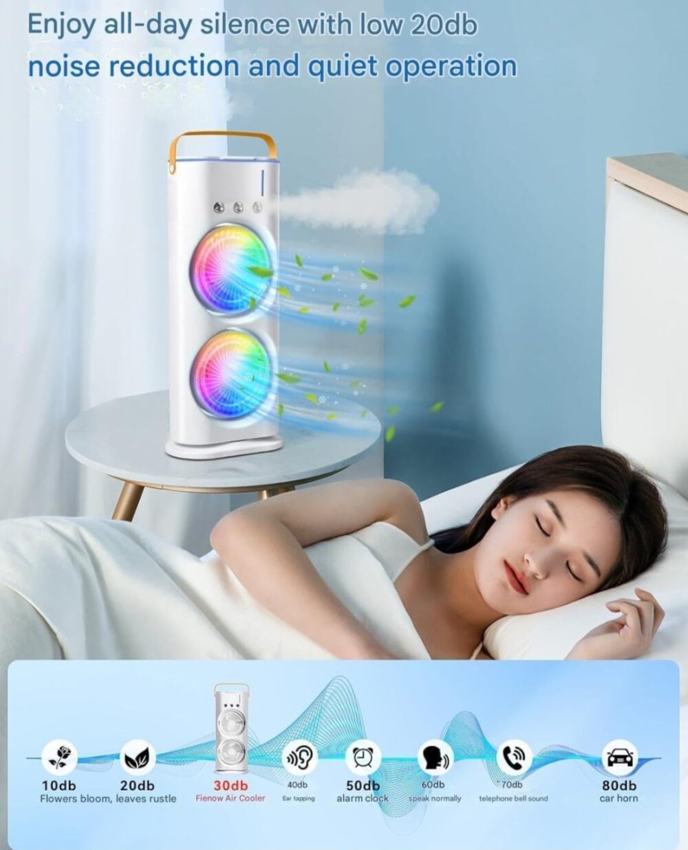 Portable Dual-Fan Air Cooler with LED Lights, Humidifier & Remote Control – 120° Oscillating Mini Air Conditioner - Image 6
