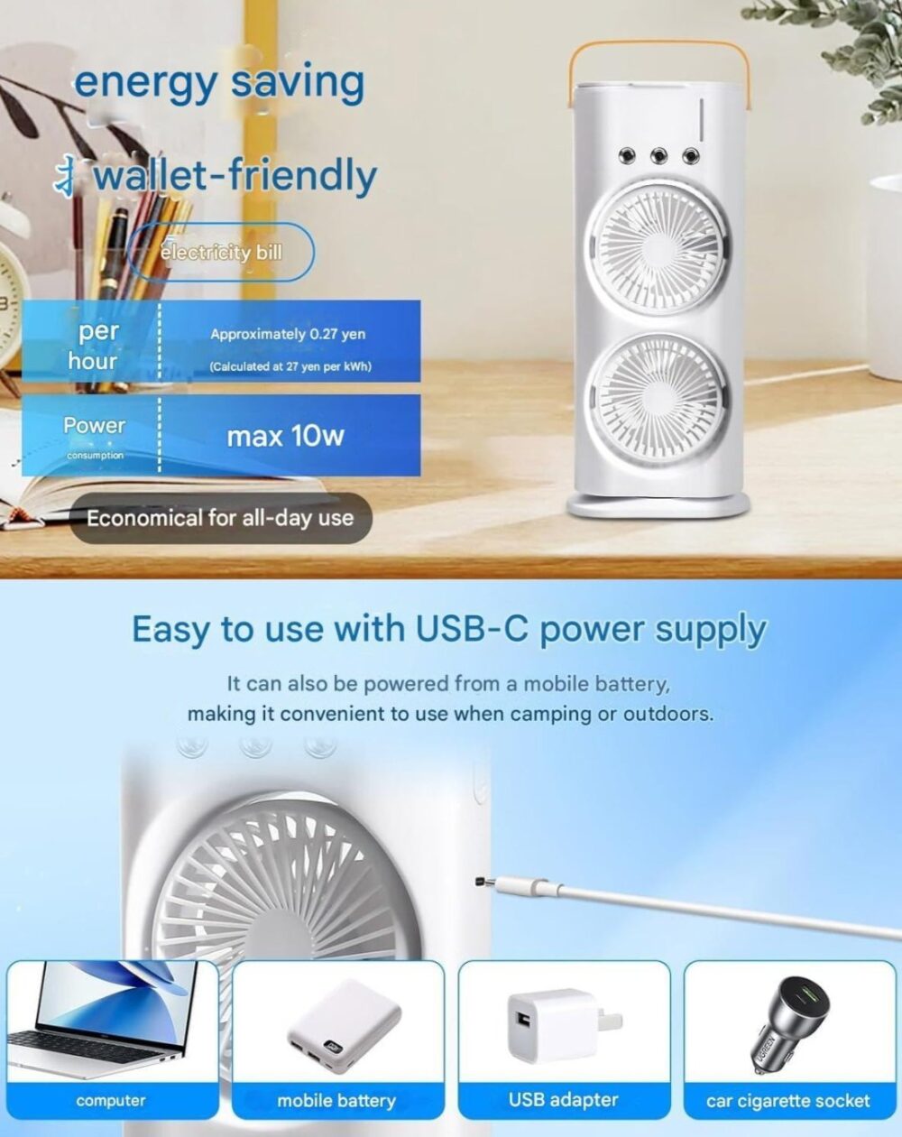 Portable Dual-Fan Air Cooler with LED Lights, Humidifier & Remote Control – 120° Oscillating Mini Air Conditioner - Image 2