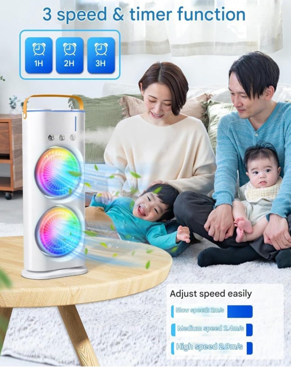 Portable Dual-Fan Air Cooler with LED Lights, Humidifier & Remote Control – 120° Oscillating Mini Air Conditioner