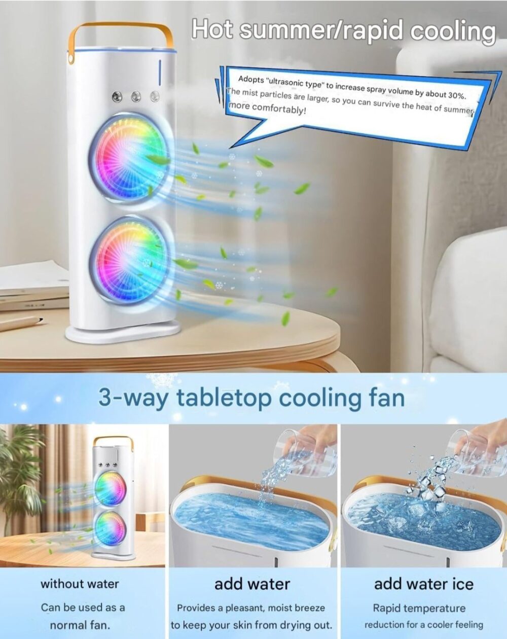 Portable Dual-Fan Air Cooler with LED Lights, Humidifier & Remote Control – 120° Oscillating Mini Air Conditioner - Image 3