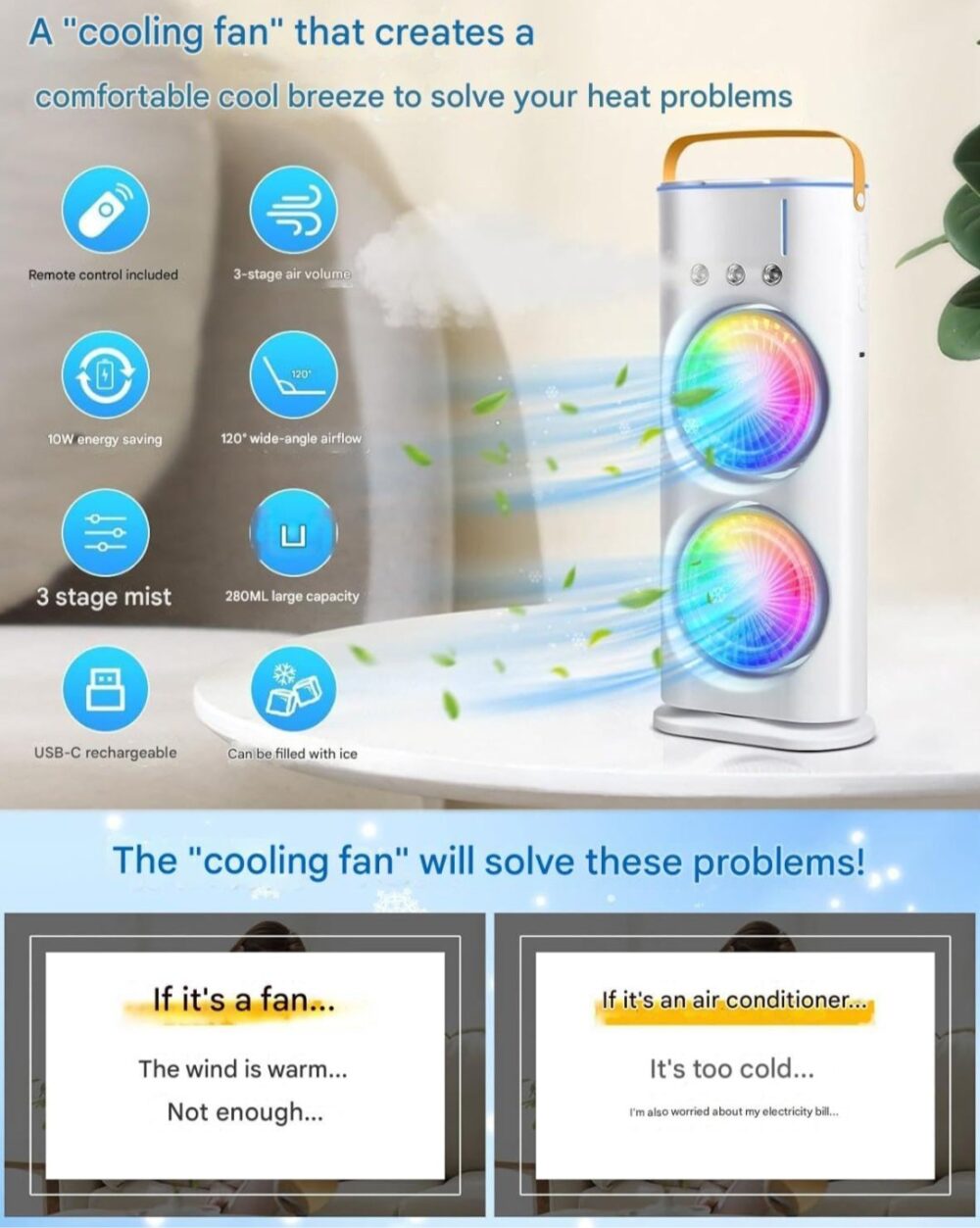 Portable Dual-Fan Air Cooler with LED Lights, Humidifier & Remote Control – 120° Oscillating Mini Air Conditioner - Image 5