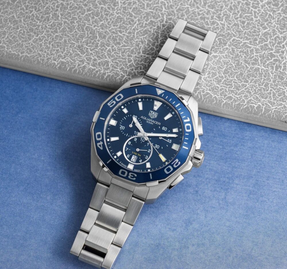 *Its bold Blue dial and striking design makes the TagHeuer Aquaracer a statement of sophistication.* - Image 3