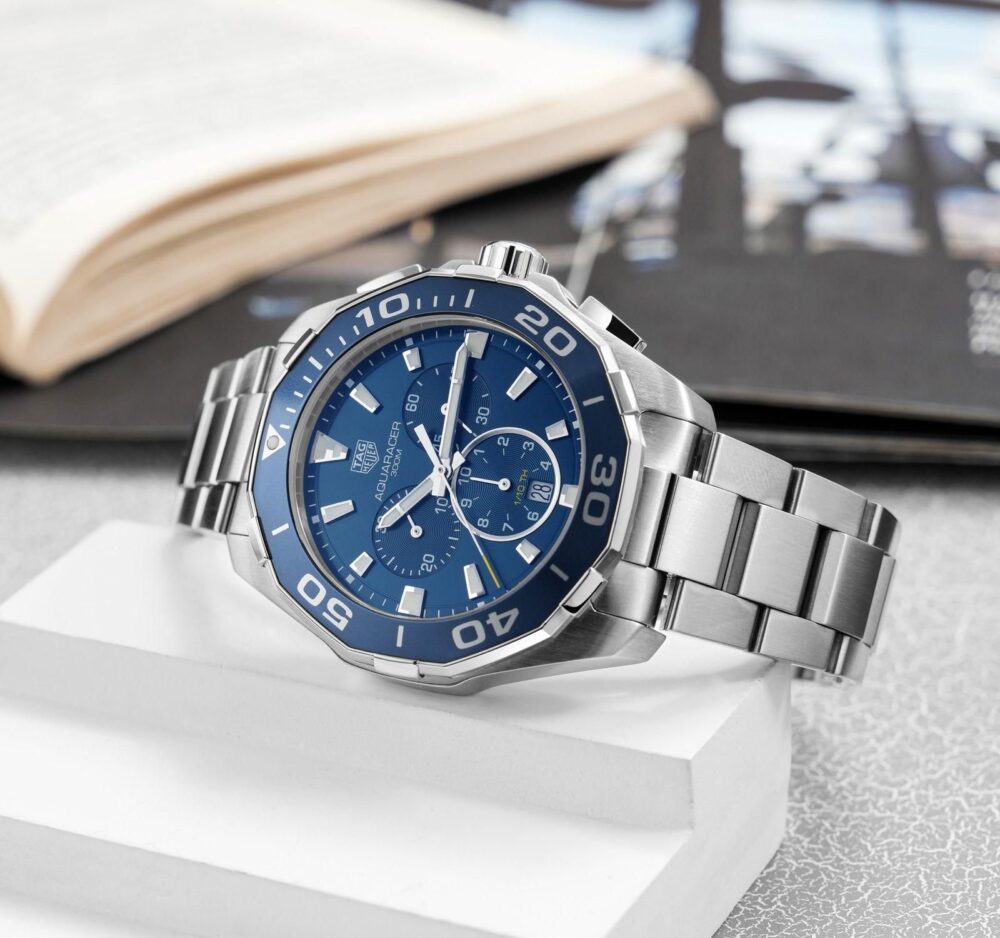 *Its bold Blue dial and striking design makes the TagHeuer Aquaracer a statement of sophistication.*